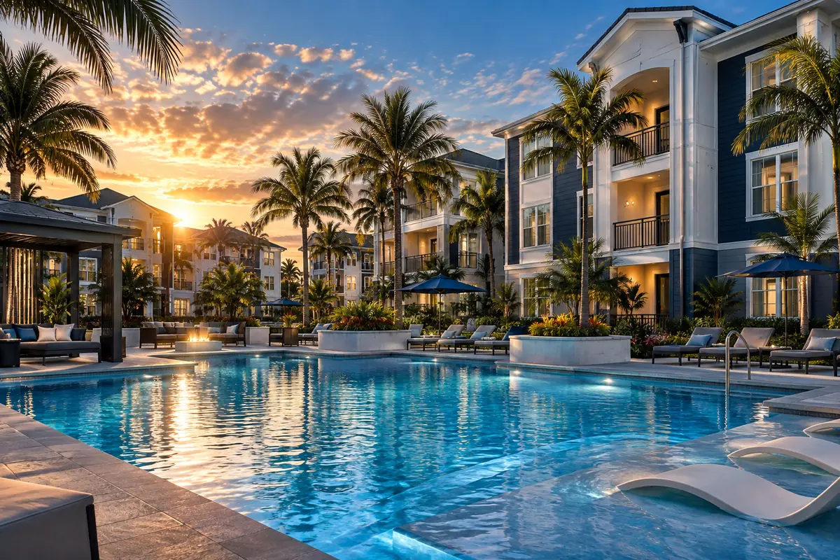 Garden-style apartment community with palm trees and pool